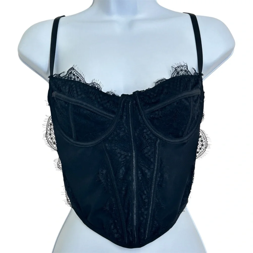 Ryan Destiny Whimsigoth Corset Top Black Size L Eyelash Lace Trim Mesh
